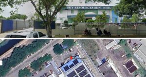 Sky Resources Sdn Bhd factory in Bukit Tengah, Penang: street view of the plant and satellite view of its solar-covered roof