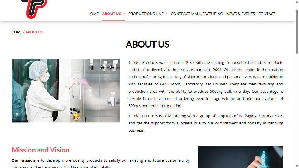 Tender Products about page stating the company was set up in 1989, produces 5000kg bulk a day, with a minimum volume of 500pcs per item, captured 12 September 2026