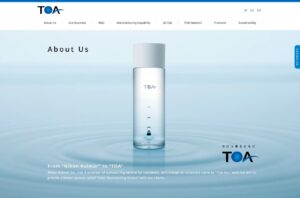 TOA Inc official website About Us page announcing the name change from Nihon Kolmar to TOA