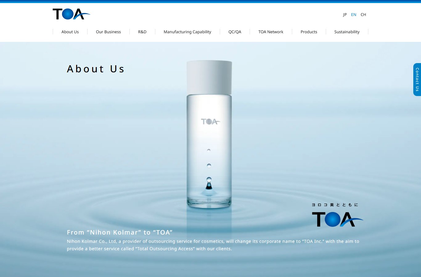 TOA Inc official website About Us page announcing the name change from Nihon Kolmar to TOA