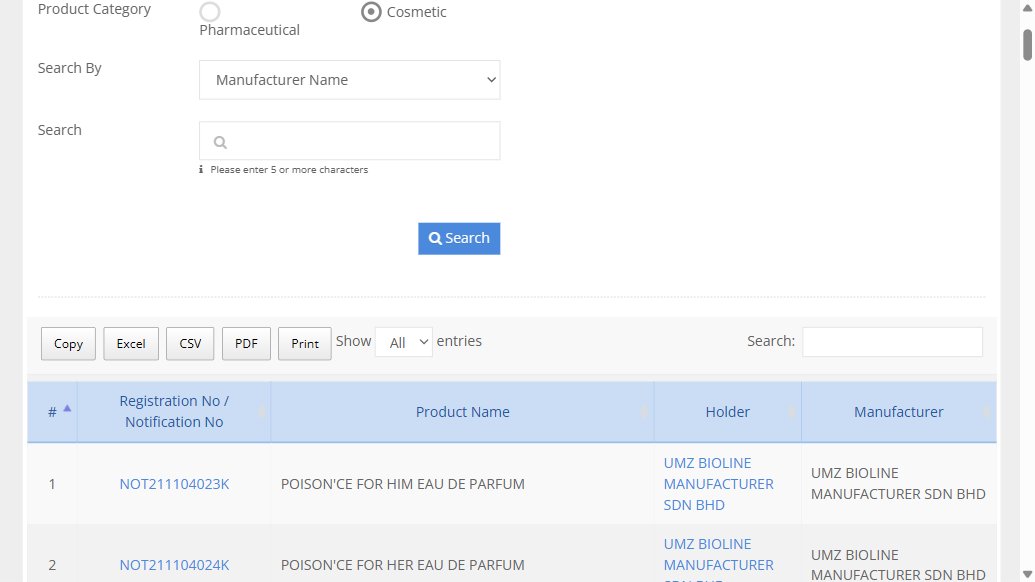 NPRA QUEST 3+ search result showing 135 active cosmetic notifications manufactured by UMZ Bioline