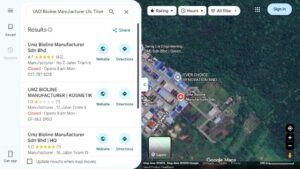 Google Maps listings for UMZ Bioline Manufacturer in Ulu Tiram, Johor, showing 4.7 stars from 62 reviews