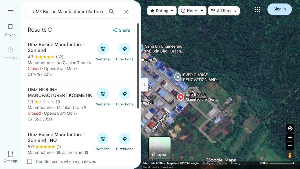 Google Maps listings for UMZ Bioline Manufacturer in Ulu Tiram, Johor, showing 4.7 stars from 62 reviews