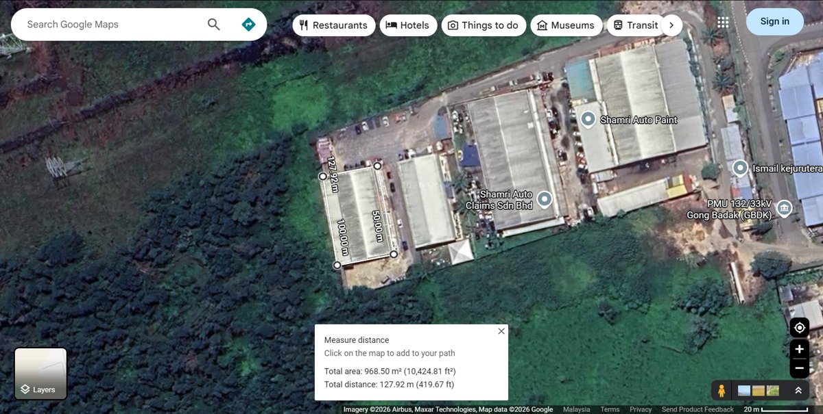Google Maps satellite measurement of the Weryx Manufacturing (Dr. Ridzuan Manufacturing) building in Gong Badak showing about 969 square metres