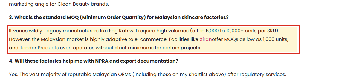 The publisher's own factory inserted into a comparison of Malaysian factories' minimum order quantities
