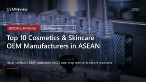 Cosmetics factory bottle filling line with the title Top 10 Cosmetics & Skincare OEM Manufacturers in ASEAN overlaid