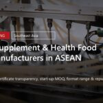 Metal tins moving along a supplement filling and sealing line, with the title Top 10 Supplement & Health Food OEM Manufacturers in ASEAN overlaid